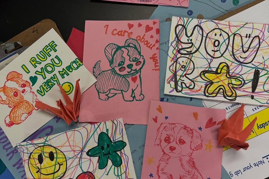 A tabletop covered with overlapping hand-drawn cards on pink, blue and white paper. Drawings include dogs, a smiling face, a star and a heart, with messages such as I ruff you very much, I care about you and You rock. Two folded orange paper cranes sit on top.